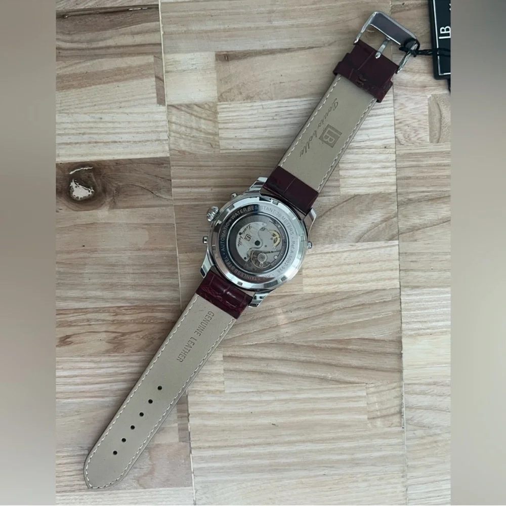 Louis Bolle Men's Automatic Chronograph Style Silver Dial Two-Tone Case Leather